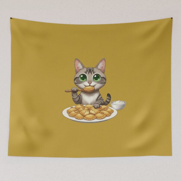 Item preview, Kawaii Foodie Cat Eating Pierogi (dumplings) - Gray Tabby - Poland designed and sold by digitalbitcraft.