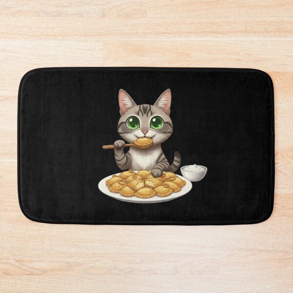 Item preview, Kawaii Foodie Cat Eating Pierogi (dumplings) - Gray Tabby - Poland designed and sold by digitalbitcraft.