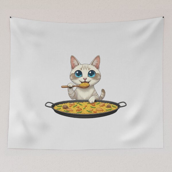 Item preview, Kawaii Foodie Cat Eating Paella Valenciana - Ojos Azules cat - Spain designed and sold by digitalbitcraft.
