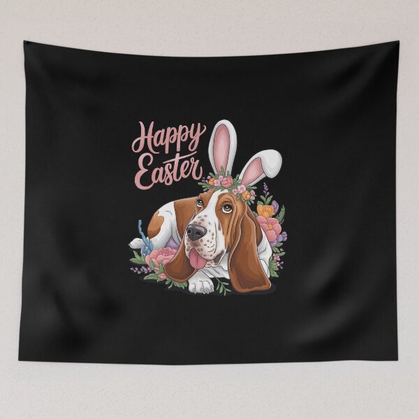 Artikelvorschau, Niedlicher Basset Hound mit Hasenohren und Blumen am Ostertag entworfen und verkauft von yvonnickStore.