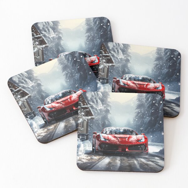 Item preview, Red supercar blazing along frozen alpine forest road designed and sold by RevUpDesign.