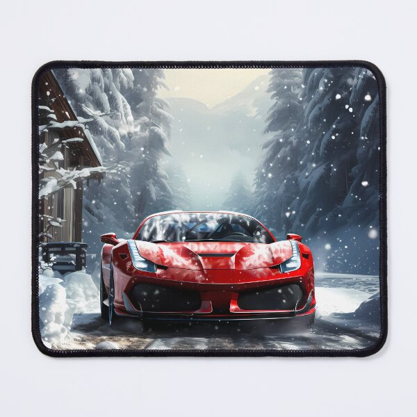 Item preview, Red supercar blazing along frozen alpine forest road designed and sold by RevUpDesign.
