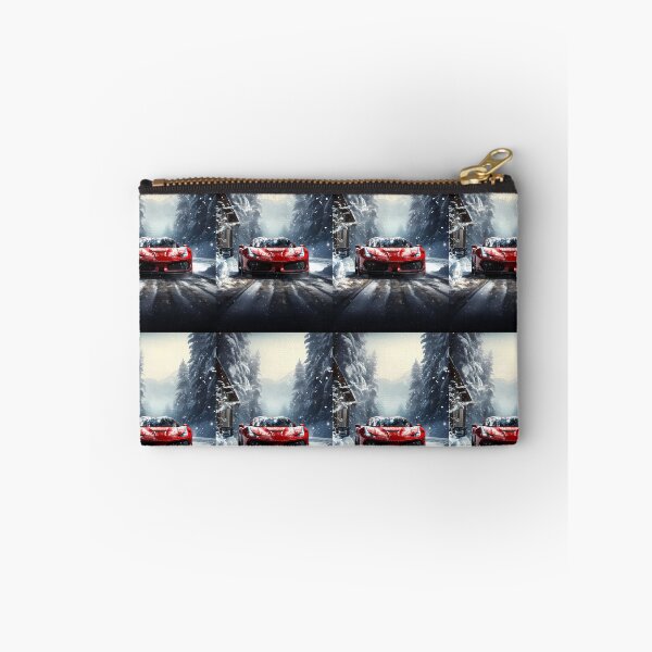 Item preview, Red supercar blazing along frozen alpine forest road designed and sold by RevUpDesign.
