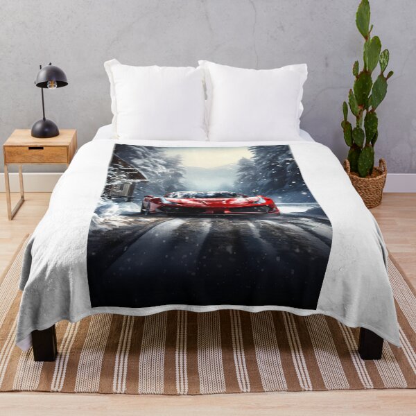 Item preview, Red supercar blazing along frozen alpine forest road designed and sold by RevUpDesign.