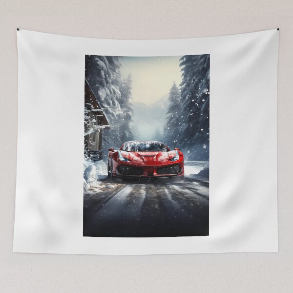 Item preview, Red supercar blazing along frozen alpine forest road designed and sold by RevUpDesign.