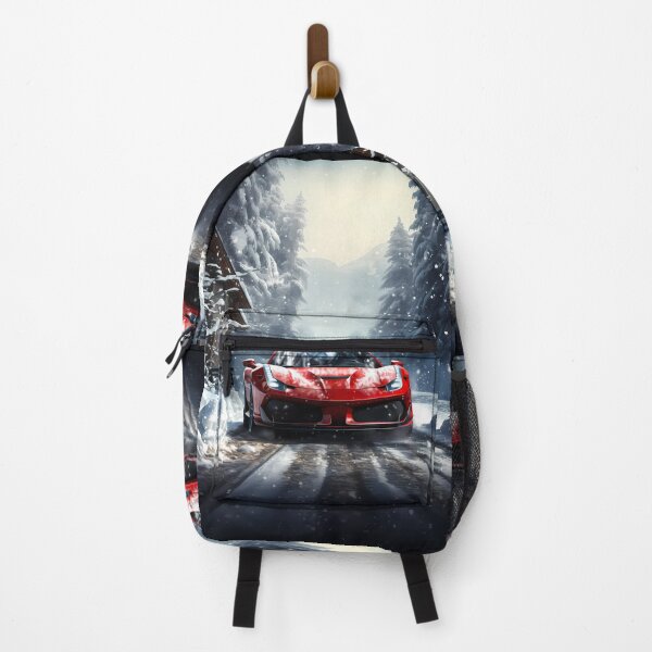 Item preview, Red supercar blazing along frozen alpine forest road designed and sold by RevUpDesign.