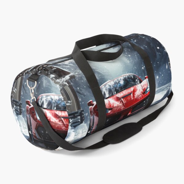 Item preview, Red supercar blazing along frozen alpine forest road designed and sold by RevUpDesign.