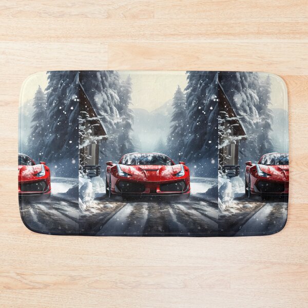 Item preview, Red supercar blazing along frozen alpine forest road designed and sold by RevUpDesign.