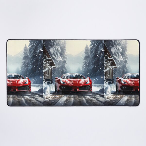 Item preview, Red supercar blazing along frozen alpine forest road designed and sold by RevUpDesign.
