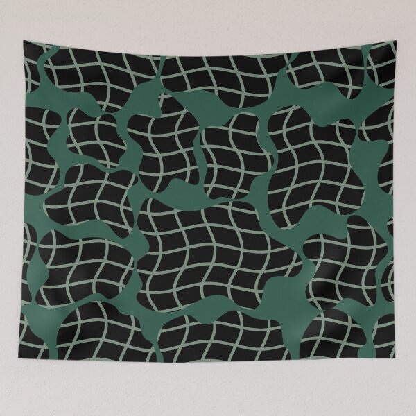 Item preview, Abstract seamless pattern with wavy distorted grid and flowing shapes in dark green designed and sold by Crispifly.