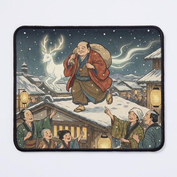 Item preview, The Red-Clad Bringer of Fortune – Japanese Winter Folklore Holiday Poster designed and sold by Mori-no-Akari.