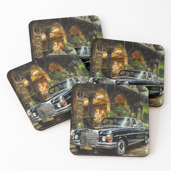 Item preview, Vintage sedan shining on rainy cobblestone courtyard designed and sold by RevUpDesign.