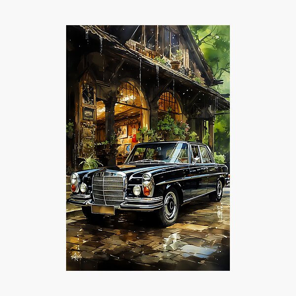 Item preview, Vintage sedan shining on rainy cobblestone courtyard designed and sold by RevUpDesign.