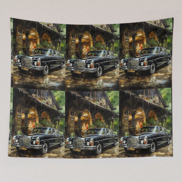 Item preview, Vintage sedan shining on rainy cobblestone courtyard designed and sold by RevUpDesign.