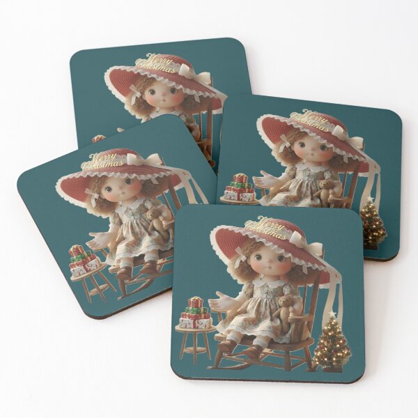 Item preview, Vintage Christmas Doll with Teddy and Decorations Illustration designed and sold by DroolWorthyUS.