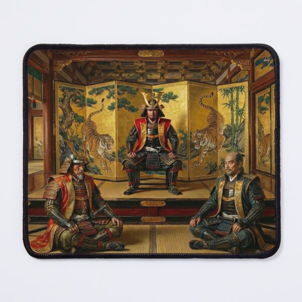 Item preview, The Three Unifiers of Japan – Ieyasu, Nobunaga & Hideyoshi (Edo Gold Screen Poster) designed and sold by Mori-no-Akari.