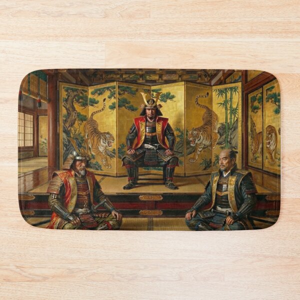 Item preview, The Three Unifiers of Japan – Ieyasu, Nobunaga & Hideyoshi (Edo Gold Screen Poster) designed and sold by Mori-no-Akari.