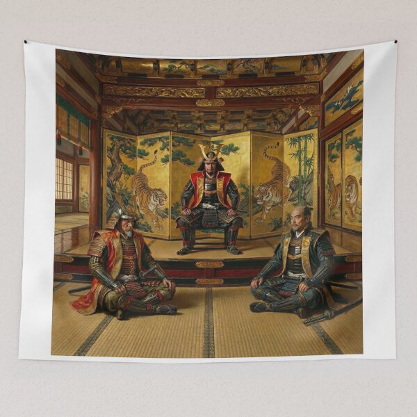 Item preview, The Three Unifiers of Japan – Ieyasu, Nobunaga & Hideyoshi (Edo Gold Screen Poster) designed and sold by Mori-no-Akari.