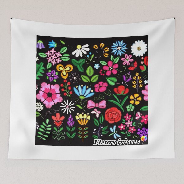 Item preview, Vibrant Folk Art Flowers on Black Background - Colorful Embroidered Style Botanical Pattern designed and sold by Fleurs irisees.