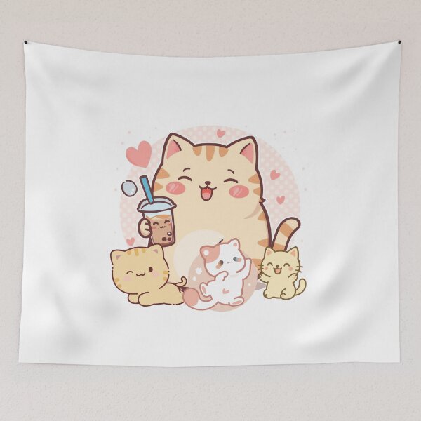 Item preview, kawaii chubby cat holding bubble tea designed and sold by tsintsinshop.