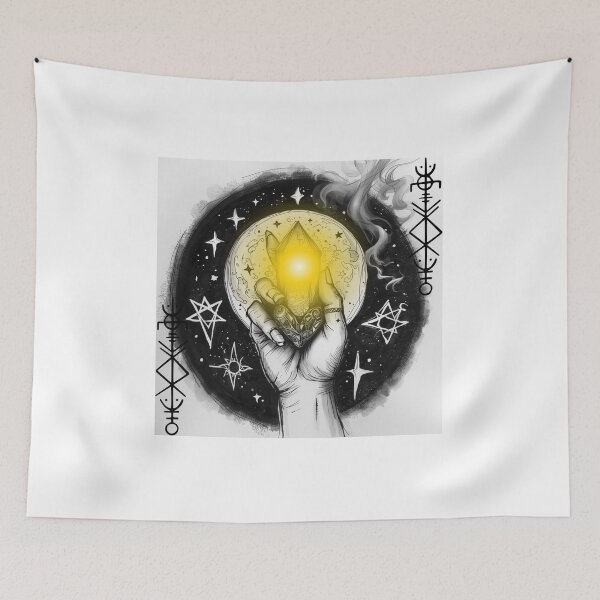 Item preview, witchy hand holding a crystal, stars and magical symbols designed and sold by tsintsinshop.