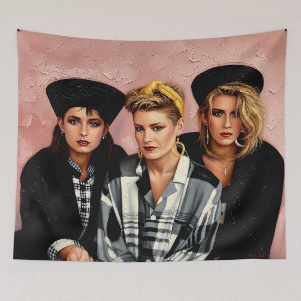 Item preview, 80s Girl Group Pop Trio Portrait Art | Pink Background Bold Fashion Painting | Vintage Synth Pop designed and sold by Art's Diner.
