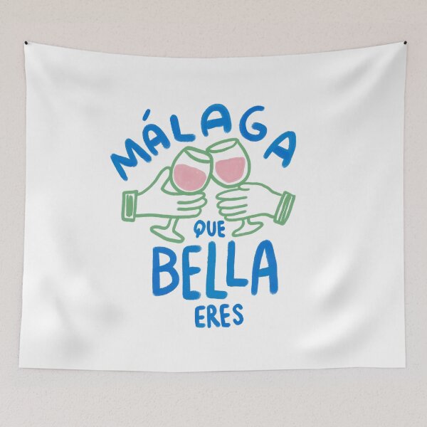 Item preview, Málaga Que Bella Eres” Spanish Quote Design with Toasting Wine Glasses – Colorful Hand Drawn Illustration designed and sold by Tropical Blood.