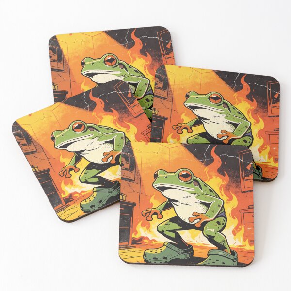 Item preview, Distressed Retro Poster Frog: Amphibian Hero in Flames Wearing Green Comfort Clogs Art designed and sold by Cherrydora.
