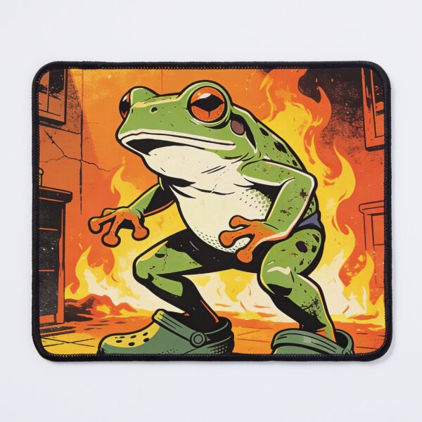 Item preview, Distressed Retro Poster Frog: Amphibian Hero in Flames Wearing Green Comfort Clogs Art designed and sold by Cherrydora.