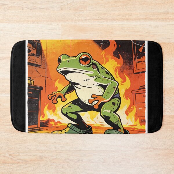 Item preview, Distressed Retro Poster Frog: Amphibian Hero in Flames Wearing Green Comfort Clogs Art designed and sold by Cherrydora.