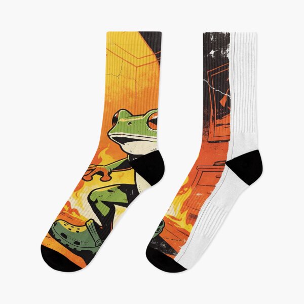Item preview, Distressed Retro Poster Frog: Amphibian Hero in Flames Wearing Green Comfort Clogs Art designed and sold by Cherrydora.