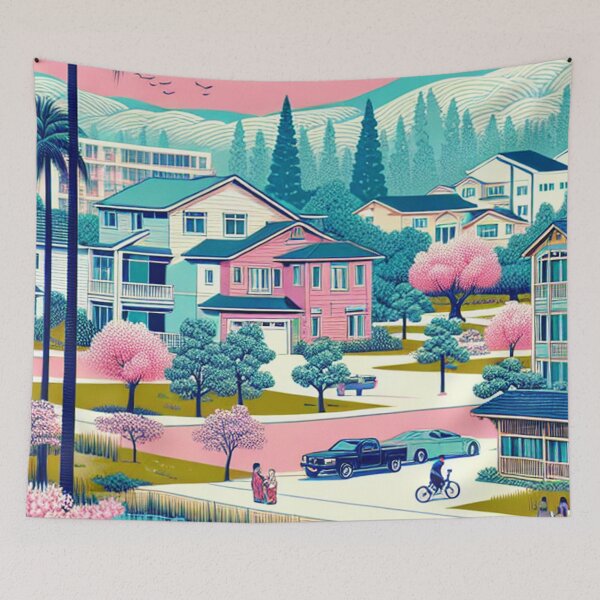 Item preview, Sunnyvale California Ukiyo-e Art - Japanese Woodblock Style Silicon Valley Suburban Scene Cherry Blossom designed and sold by Vandy Fullam.