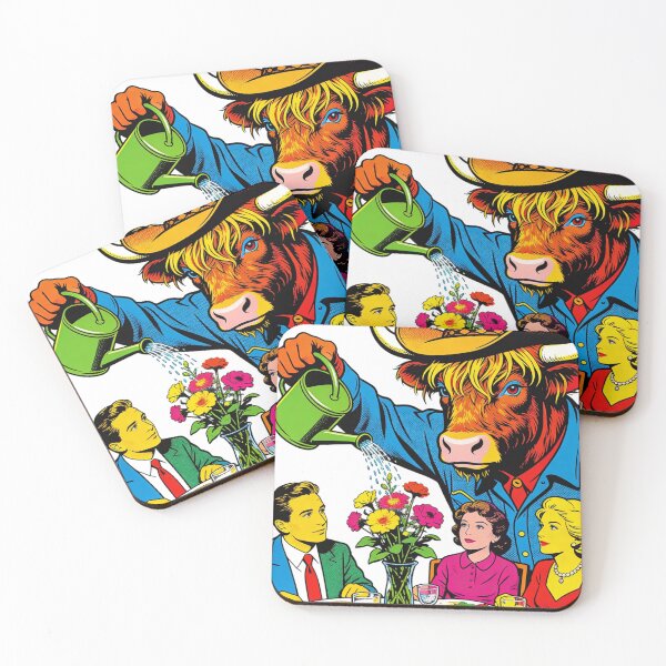 Item preview, Surreal Pop Art Dining: Cowboy Bull Watering Flowers | Retro Comic Book Aesthetic Satire designed and sold by Cherrydora.