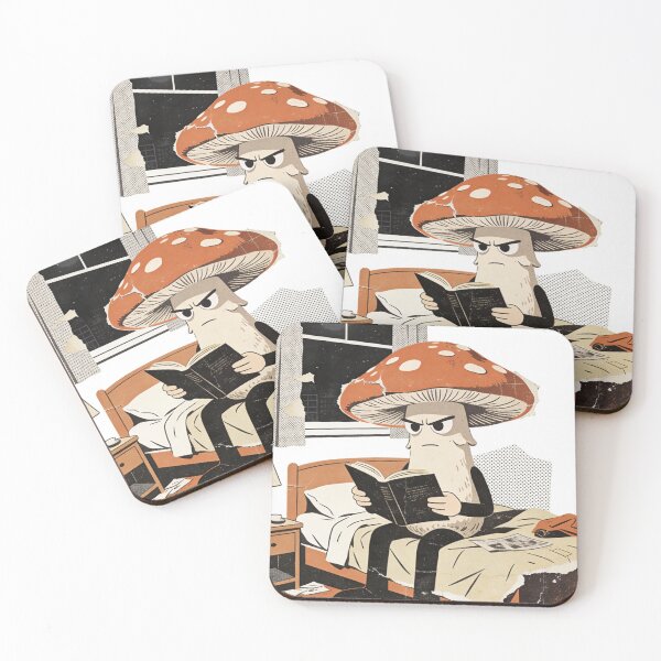 Item preview, Intense Mushroom Reader at Night | Grumpy Fungi in Retro Collage Screenprint Style designed and sold by Cherrydora.