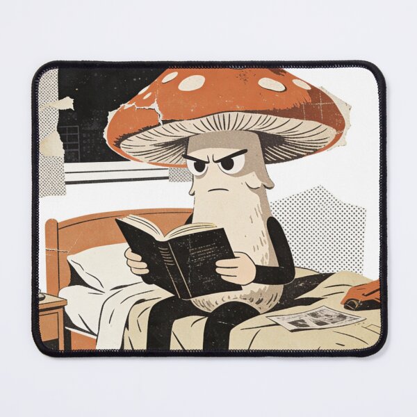 Item preview, Intense Mushroom Reader at Night | Grumpy Fungi in Retro Collage Screenprint Style designed and sold by Cherrydora.