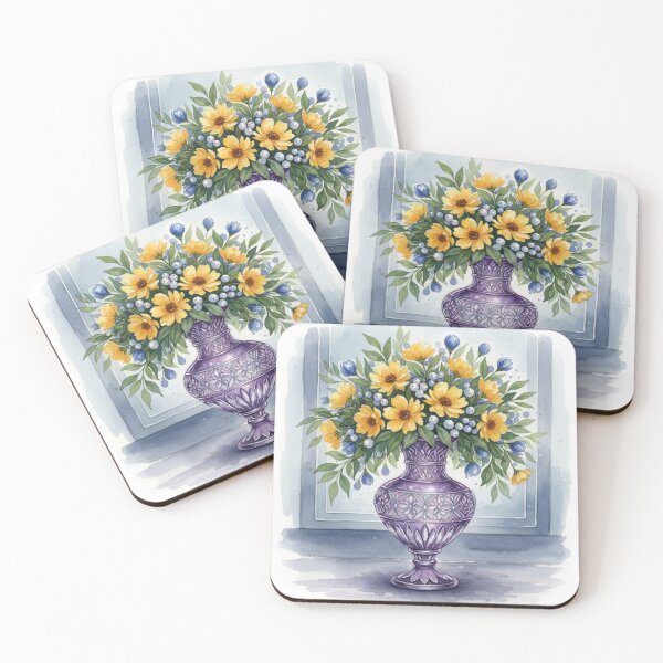 Item preview, Violet Vase Radiance – Sunlit Yellow Blooms in Watercolor designed and sold by Dream Bloom Gallery.