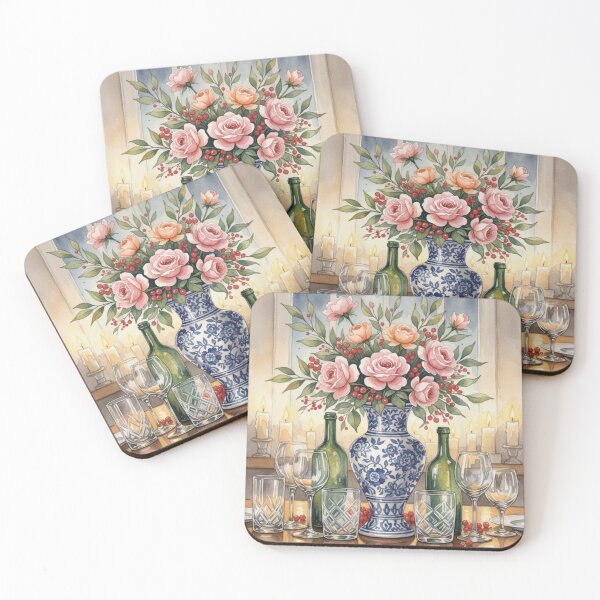 Item preview, Candlelit Rose Symphony – Elegant Floral Still Life in Blue Porcelain designed and sold by Oonward2021.