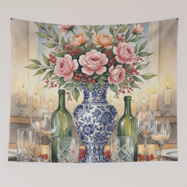 Item preview, Candlelit Rose Symphony – Elegant Floral Still Life in Blue Porcelain designed and sold by Dream Bloom Gallery.