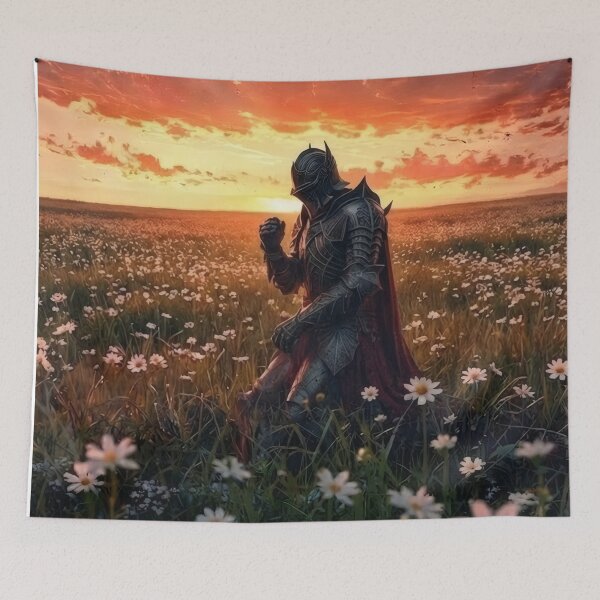 Item preview, Knight in Flower Field at Sunset – Cinematic Medieval Art designed and sold by Visualynx.