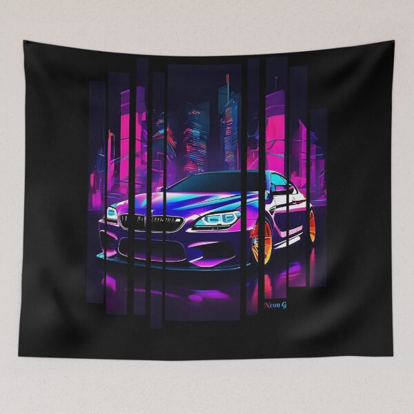 Item preview, BW M6 sideways cyberpunk neon city, high contrast colors, cinematic lighting, bold vector illustration 12 designed and sold by Neon G.