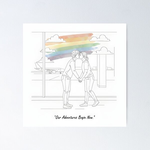Item preview, Travel-themed minimalist art: two women kissing at an airport, focused on emotion not detail. designed and sold by Elando1212.