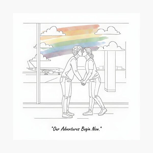Item preview, Travel-themed minimalist art: two women kissing at an airport, focused on emotion not detail. designed and sold by Elando1212.