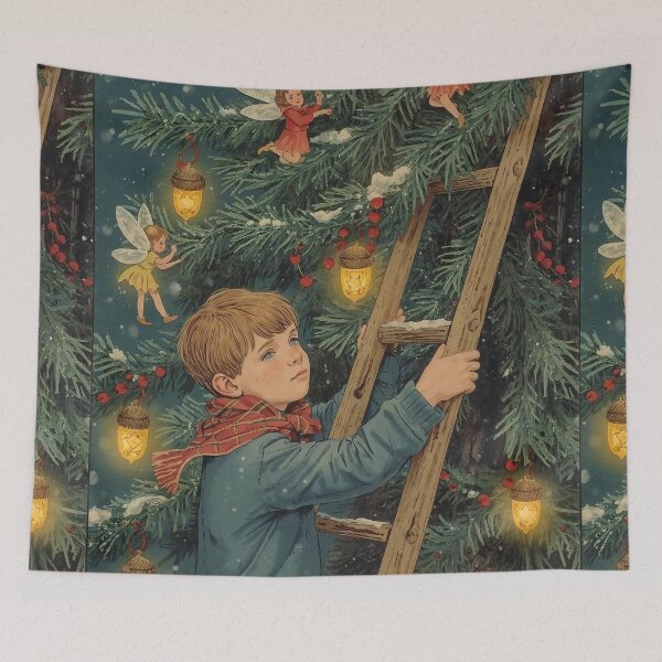 Item preview, The Boy Who Helped the Fairies Decorate Christmas – Vintage Magical Holiday Illustration designed and sold by Deezyned.