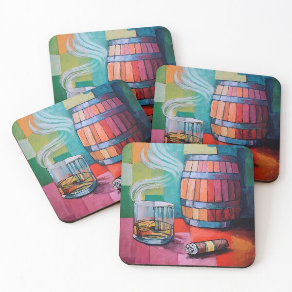 Item preview, Whiskey, Cigar and Barrel in Color A Playful Composition with Vibrant Patchwork Energy designed and sold by OlfactoART Studio.