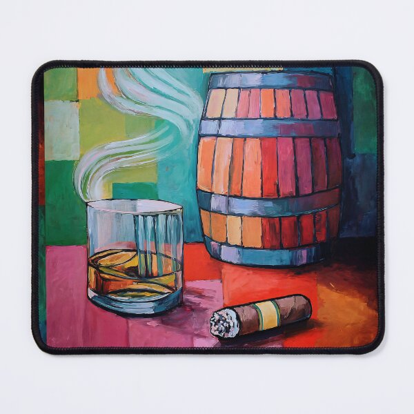Item preview, Whiskey, Cigar and Barrel in Color A Playful Composition with Vibrant Patchwork Energy designed and sold by OlfactoART Studio.