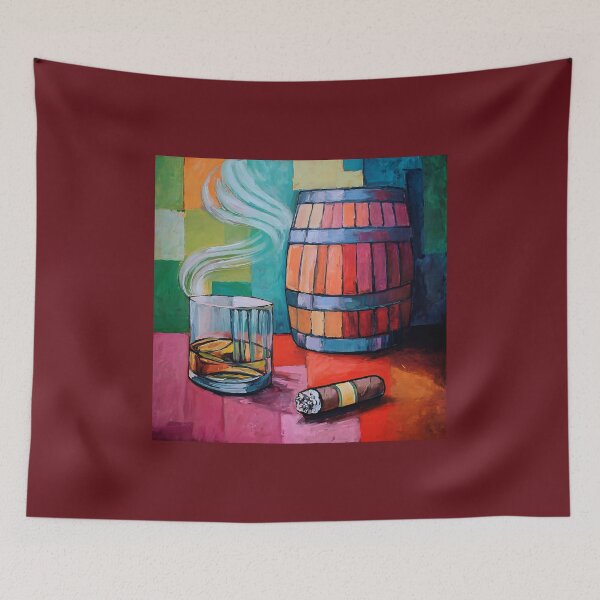 Item preview, Whiskey, Cigar and Barrel in Color A Playful Composition with Vibrant Patchwork Energy designed and sold by OlfactoART Studio.