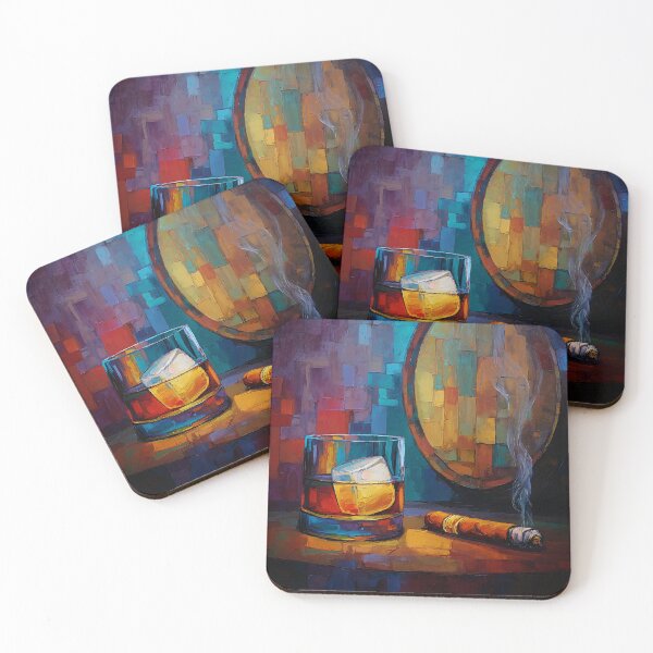 Item preview, Whiskey on the Rocks with a Smoking Cigar: A Mosaic of Warm Hues and Refined Atmosphere designed and sold by OlfactoART Studio.