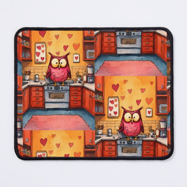 Item preview, Valentine's Day Funny Owl in a Heart-Adorned Kitchen Stirring Love, Color and Whimsy designed and sold by OlfactoART Studio.