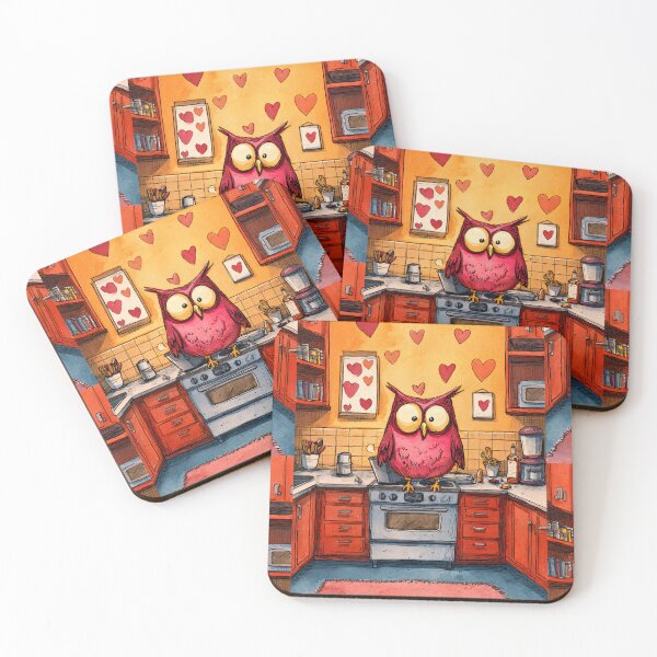 Item preview, Valentine's Day Funny Owl in a Heart-Adorned Kitchen Stirring Love, Color and Whimsy designed and sold by OlfactoART Studio.