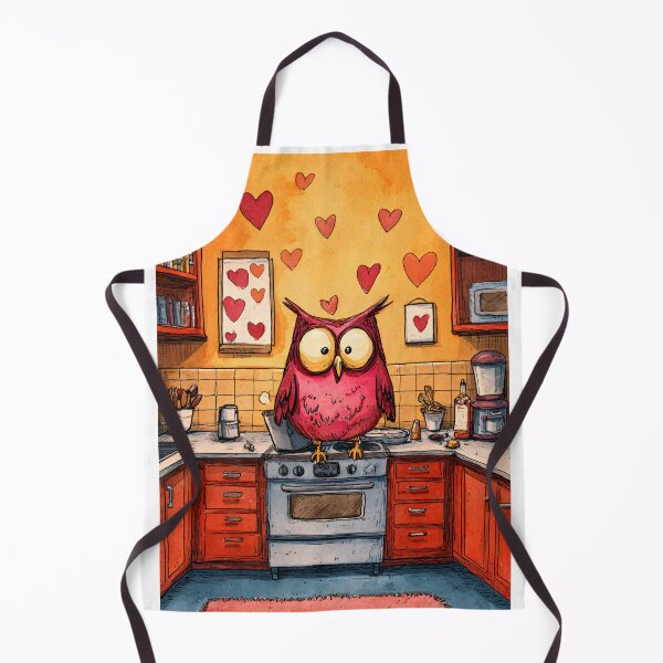 Item preview, Valentine's Day Funny Owl in a Heart-Adorned Kitchen Stirring Love, Color and Whimsy designed and sold by OlfactoART Studio.